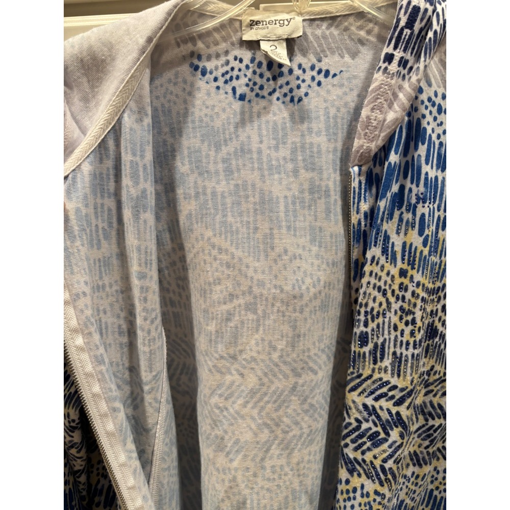 Zenergy by Chico's Blue Yellow Ikat Print Rhinestone Full Zip Hoodie Womens 2 L - Picture 7 of 7